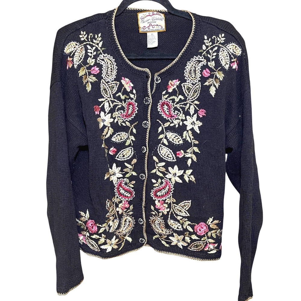 Vintage 80s Black Cottage Floral Embroidered Heirloom Collectibles Cardigan PL‎